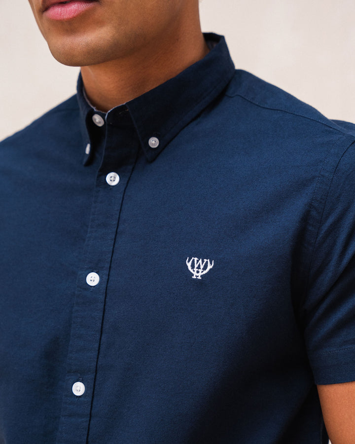 Men's Oxford Short Sleeve Navy Shirt-Close Up of Front View
