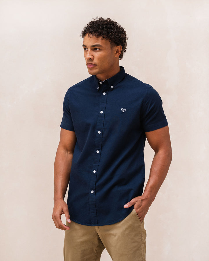 Men's Oxford Short Sleeve Navy Shirt-Model Front View