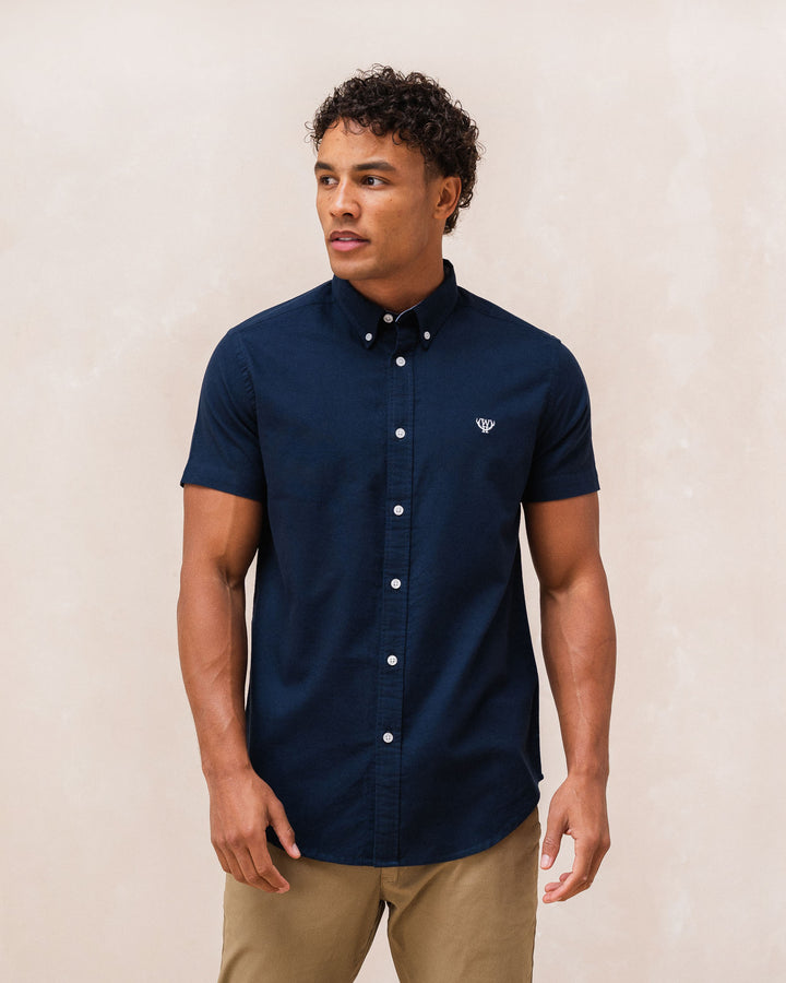 Men's Oxford Short Sleeve Navy Shirt-Front View