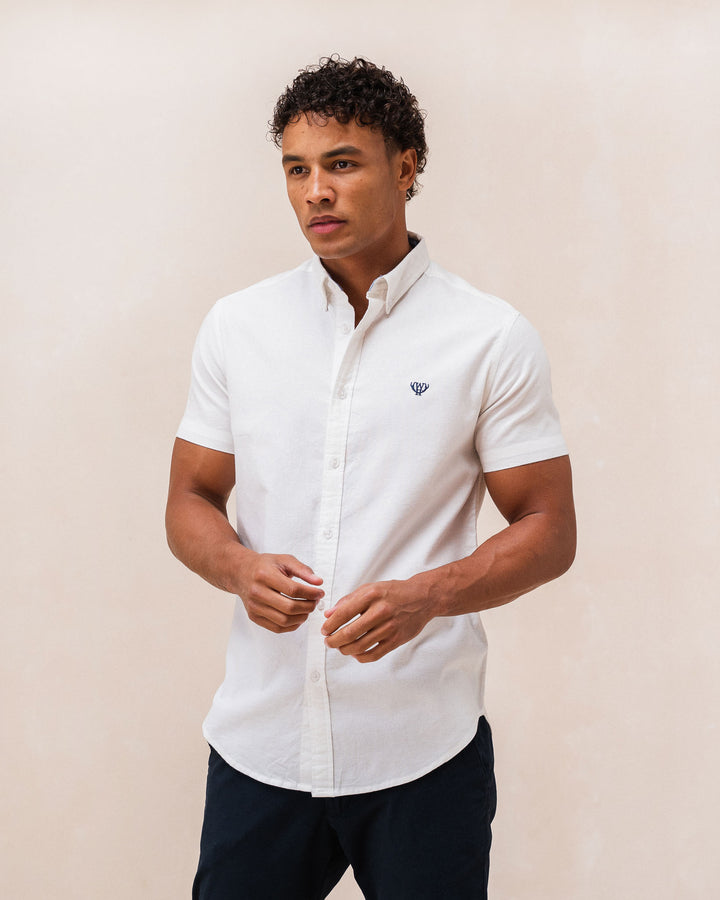 Men's Oxford Short Sleeve White Shirt-Model Front View 2