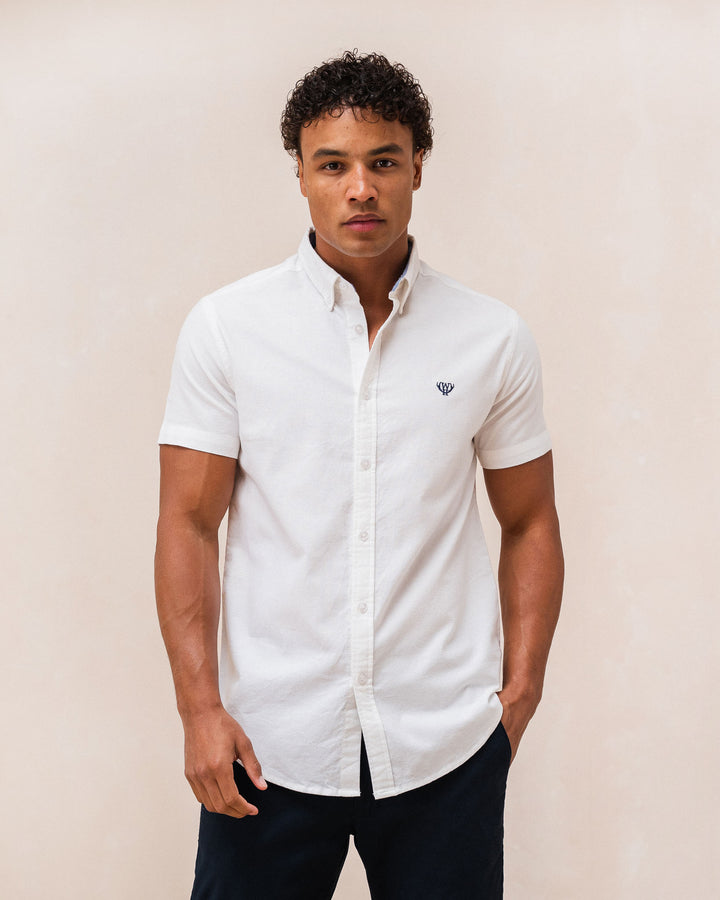 Men's Oxford Short Sleeve White Shirt-Model Front View