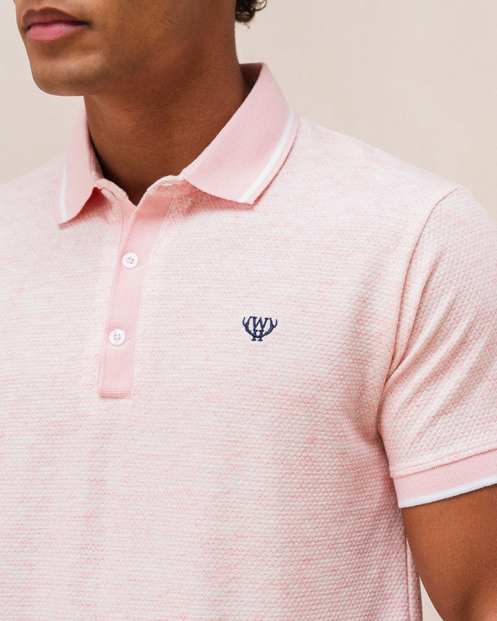 Men's Textured Light Pink Polo-Close Up of Front View