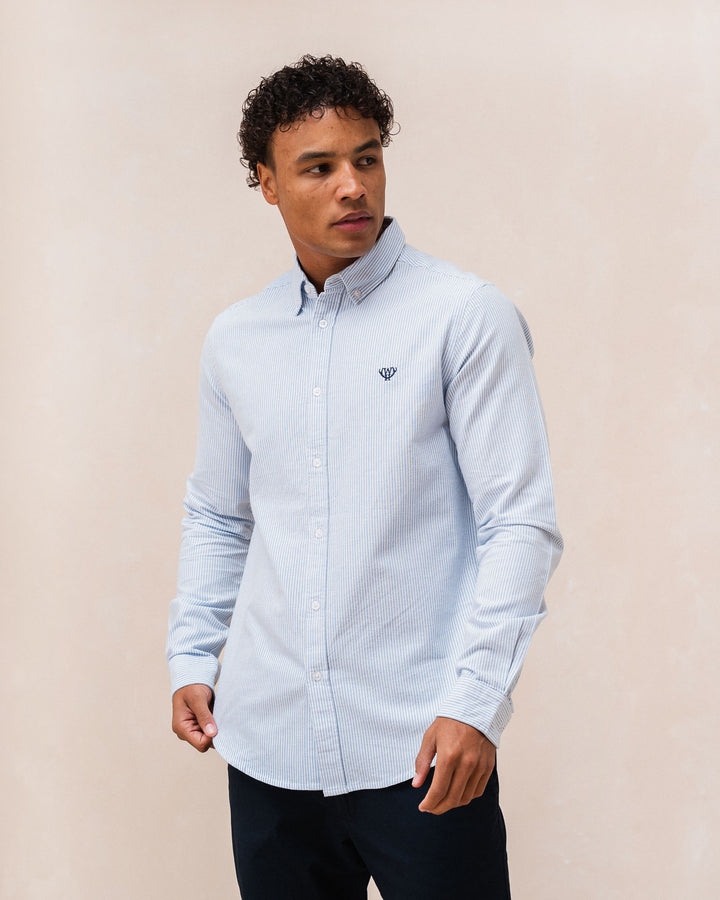 Men's Blue Striped Oxford Button Down Shirt-Model Front View