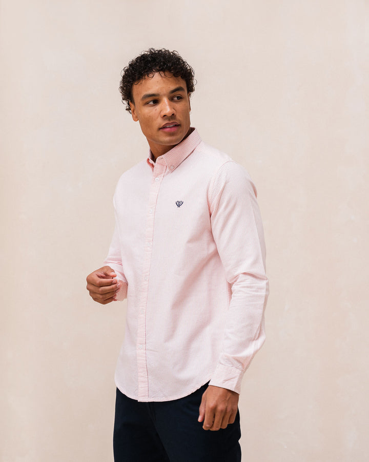 Men's Pink Striped Oxford Button Down Shirt-Side View