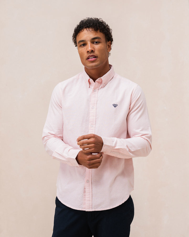 Men's Pink Striped Oxford Button Down Shirt-Frotn View