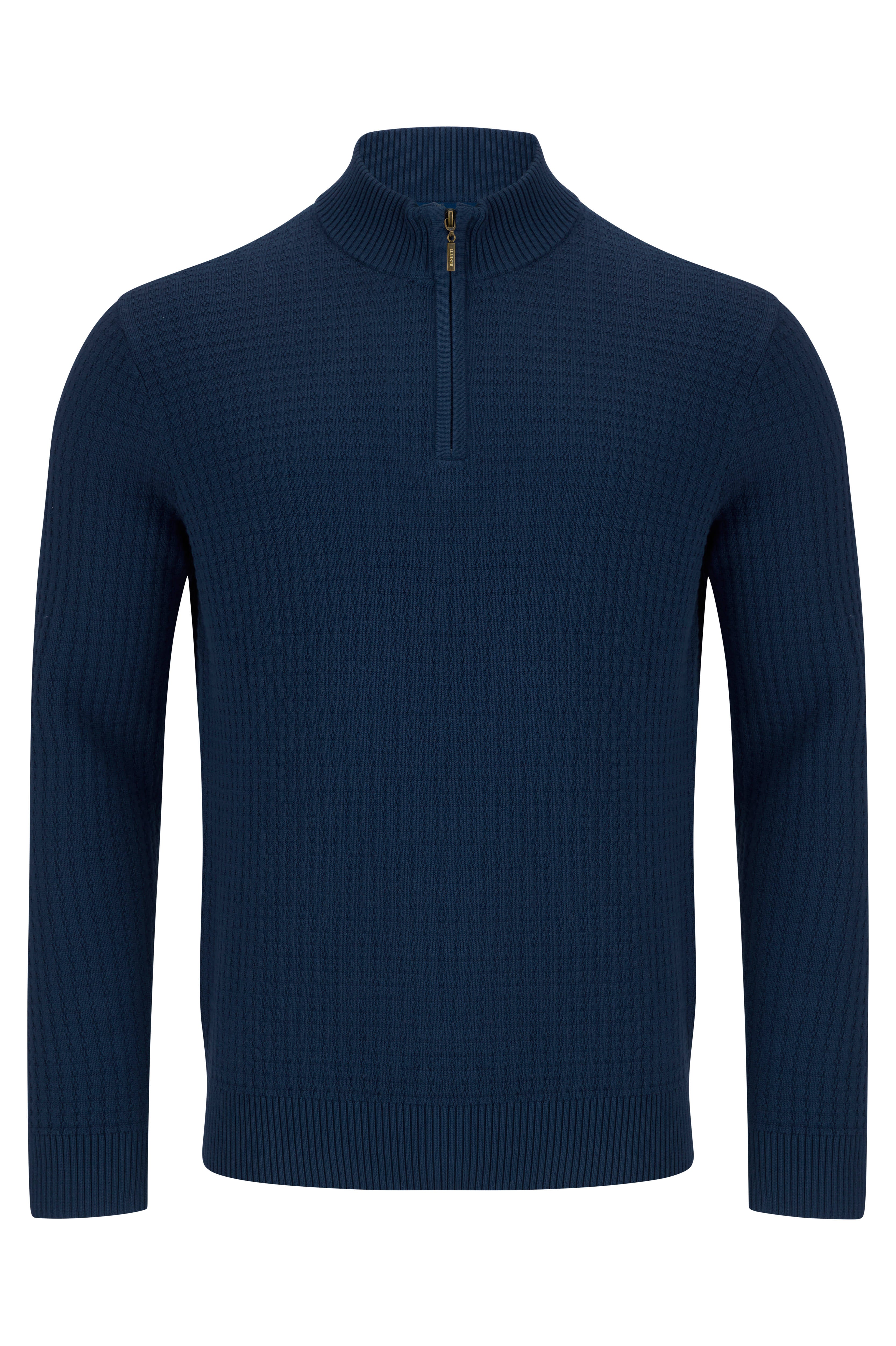 Indigo blue half-zip sweater on a white background