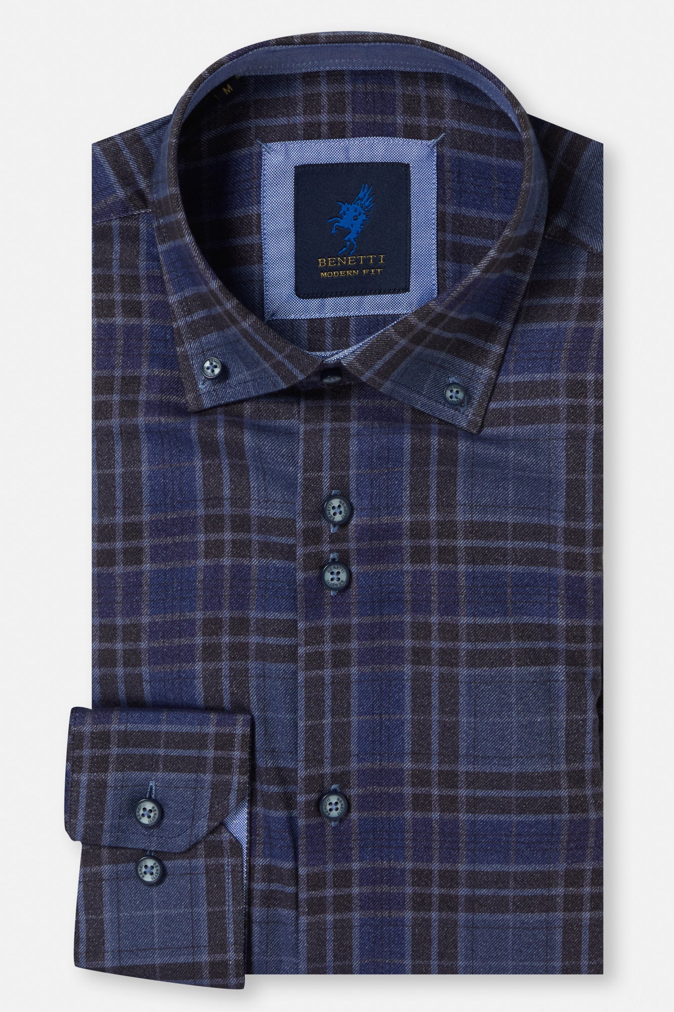 Blue plaid shirt with a brand label on a white background