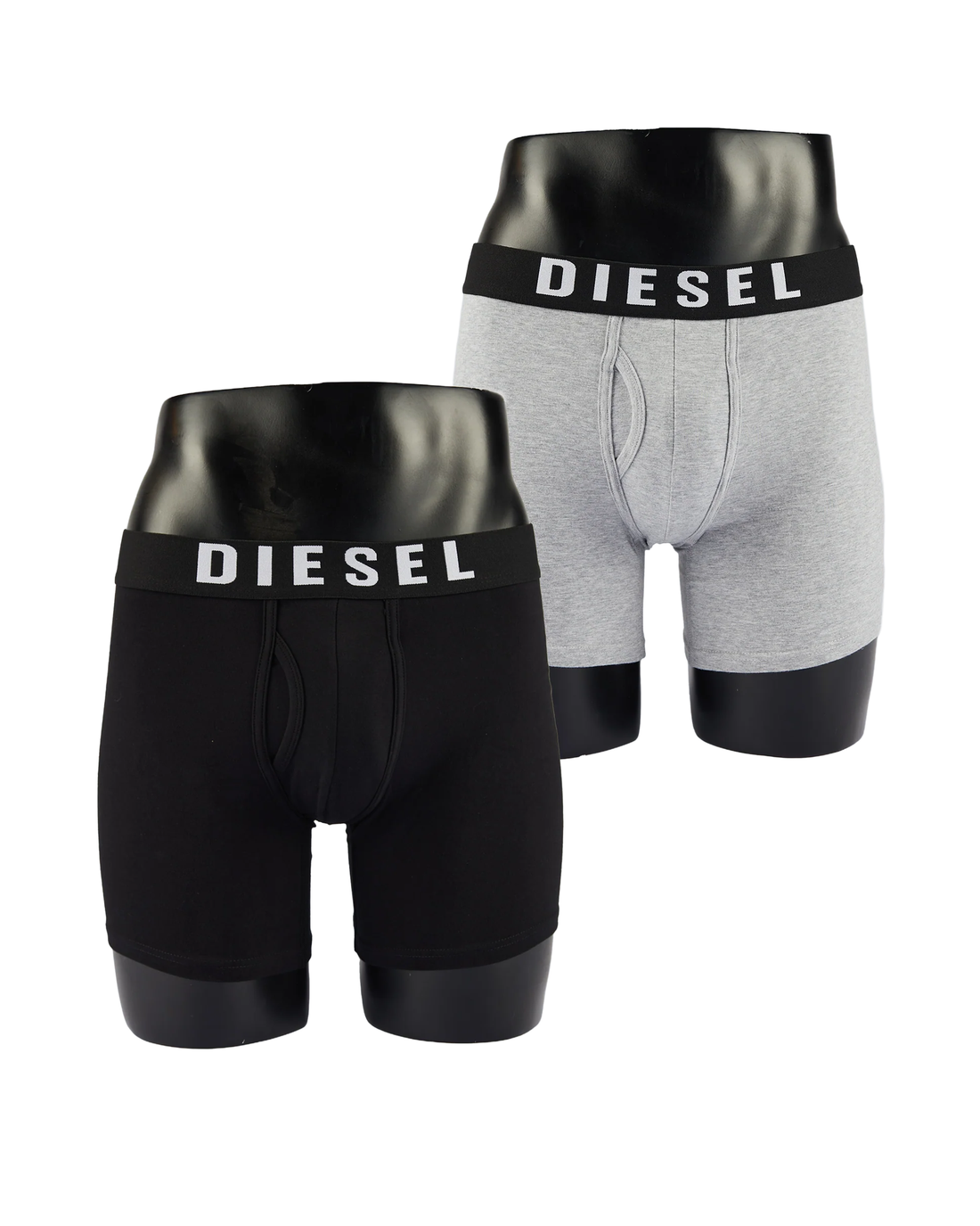 Two pairs of Diesel boxer briefs, one black and one gray with black waistbands, on a white background.