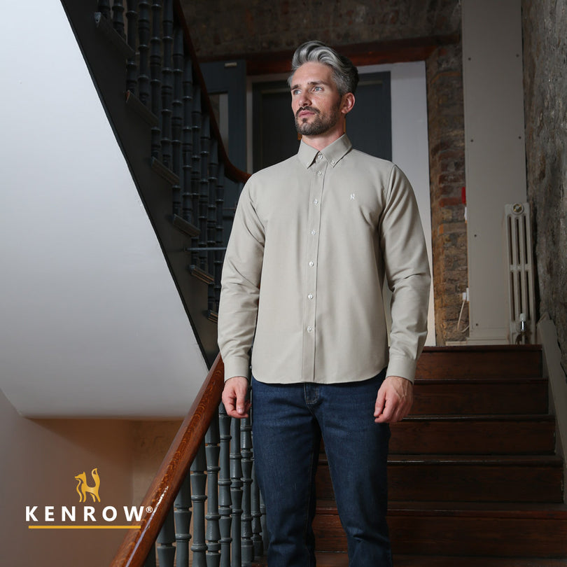 Man wearing a putty coloured shirt