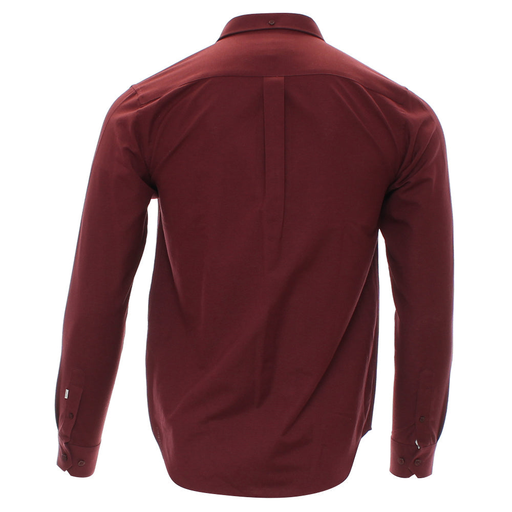 A long-sleeve button-up shirt shown from the back, in a deep burgundy or maroon color, displayed on a clean white background.