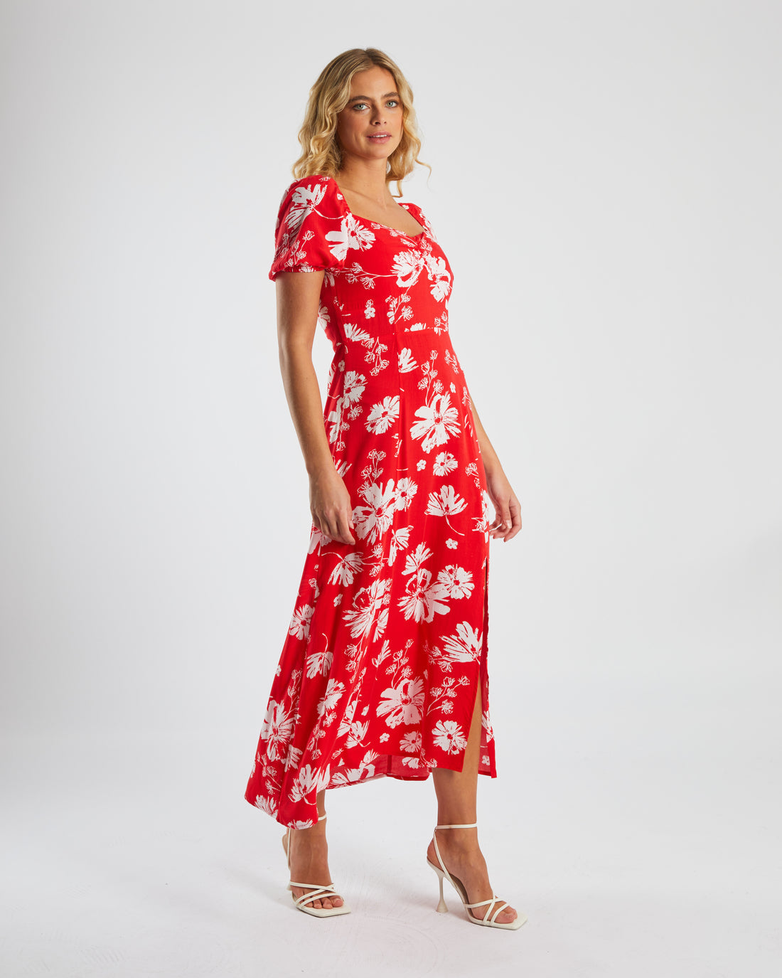 Ladies Fernanda Midi Red Dress-Model Side View
