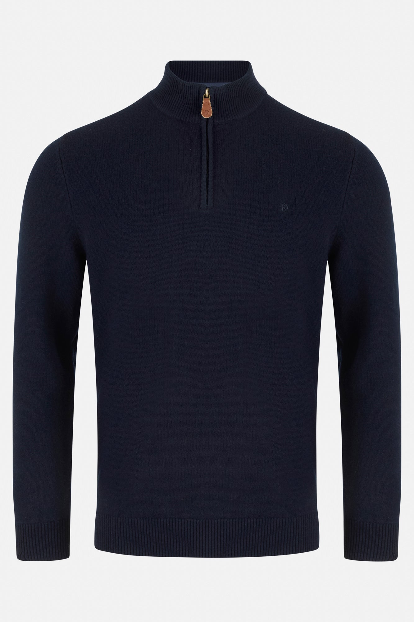 Navy blue sweater with a quarter zip on a light gray background