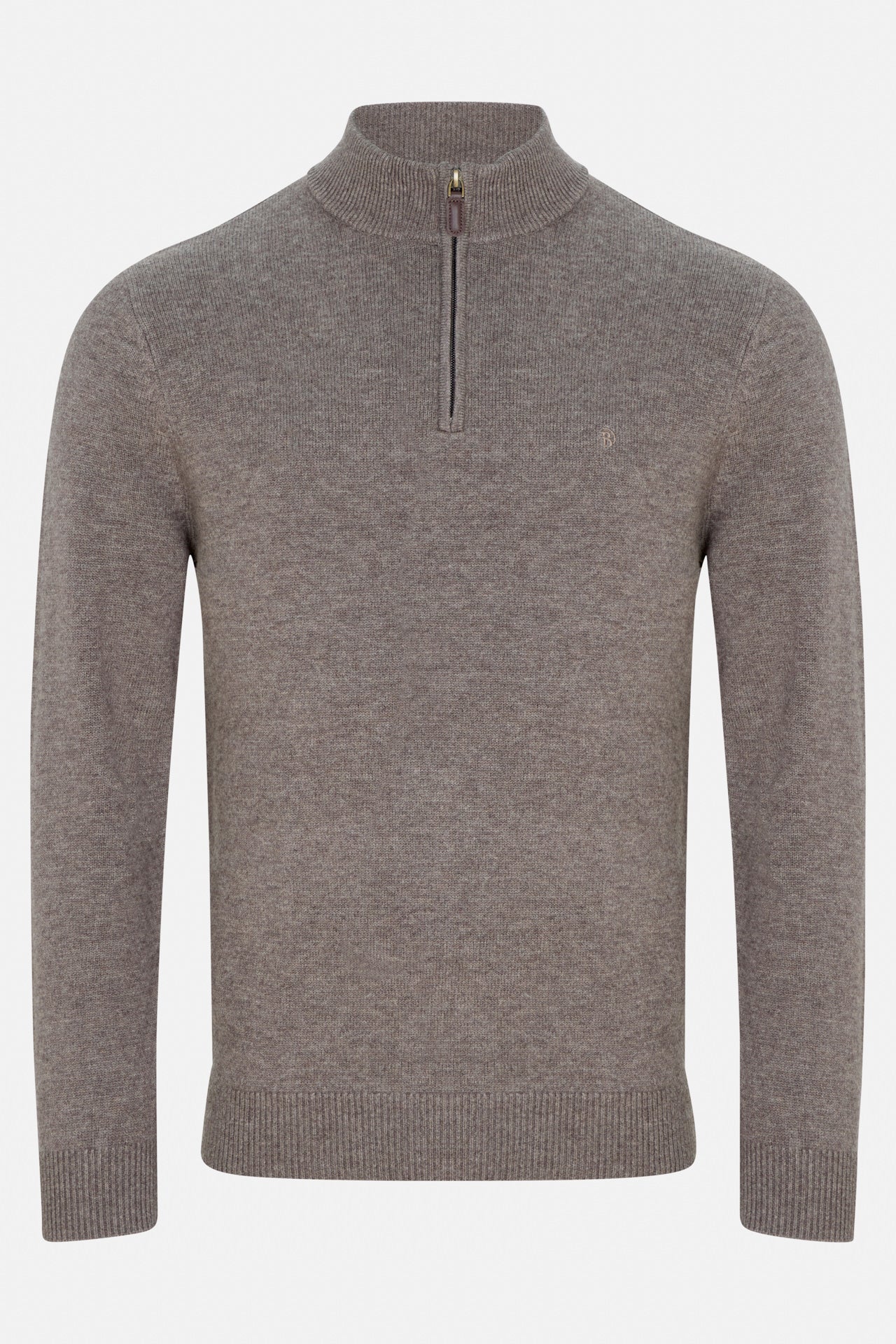 Benetti Franco Brown 1/4 Zip knit sweater, front view, with quarter-zip collar and long sleeves.