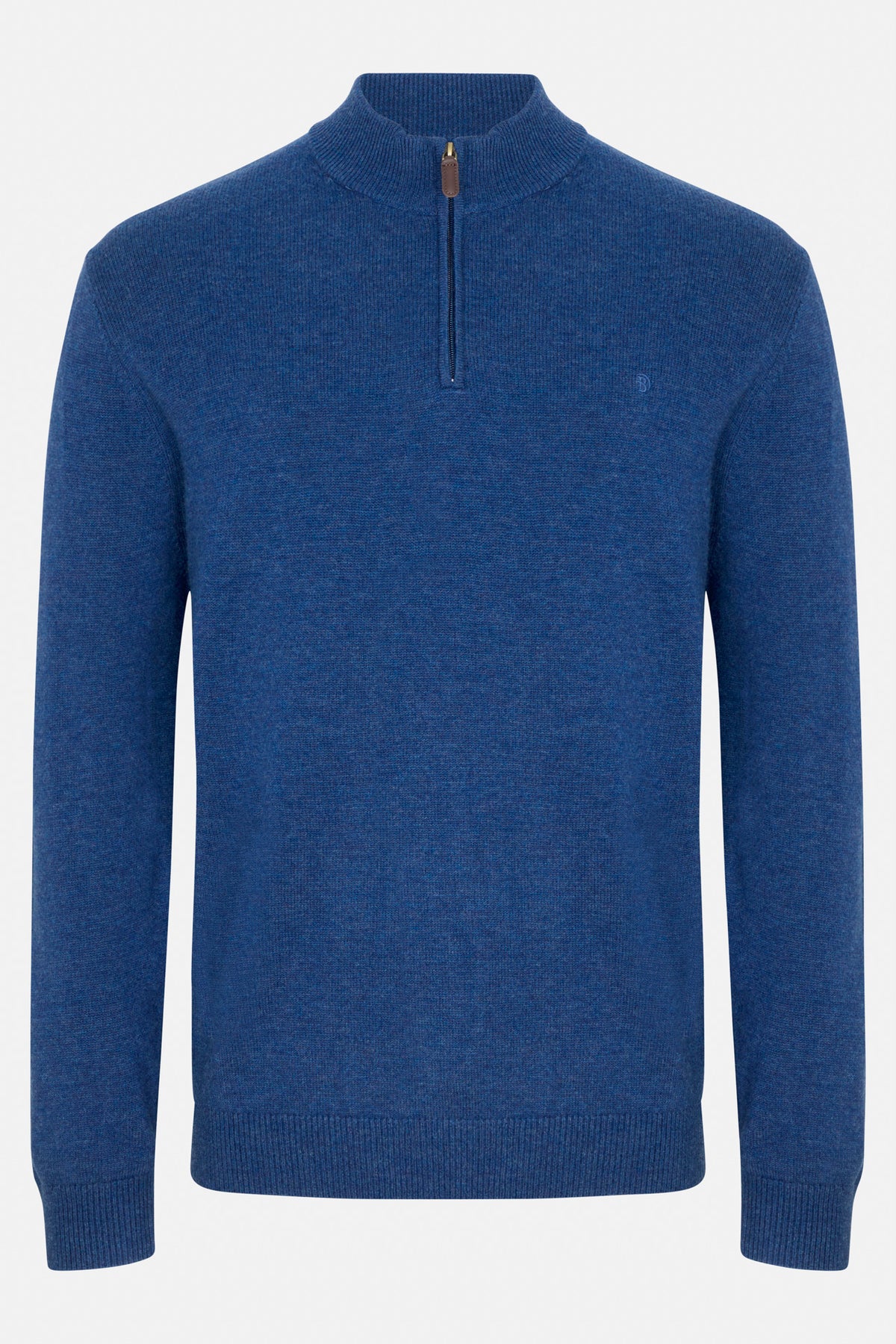 Benetti Franco Indigo 1/4 Zip knit jumper in INDIGO, front view, with quarter-zip collar and ribbed cuffs and hem.