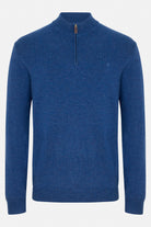 Benetti Franco Indigo 1/4 Zip knit jumper in INDIGO, front view, with quarter-zip collar and ribbed cuffs and hem.