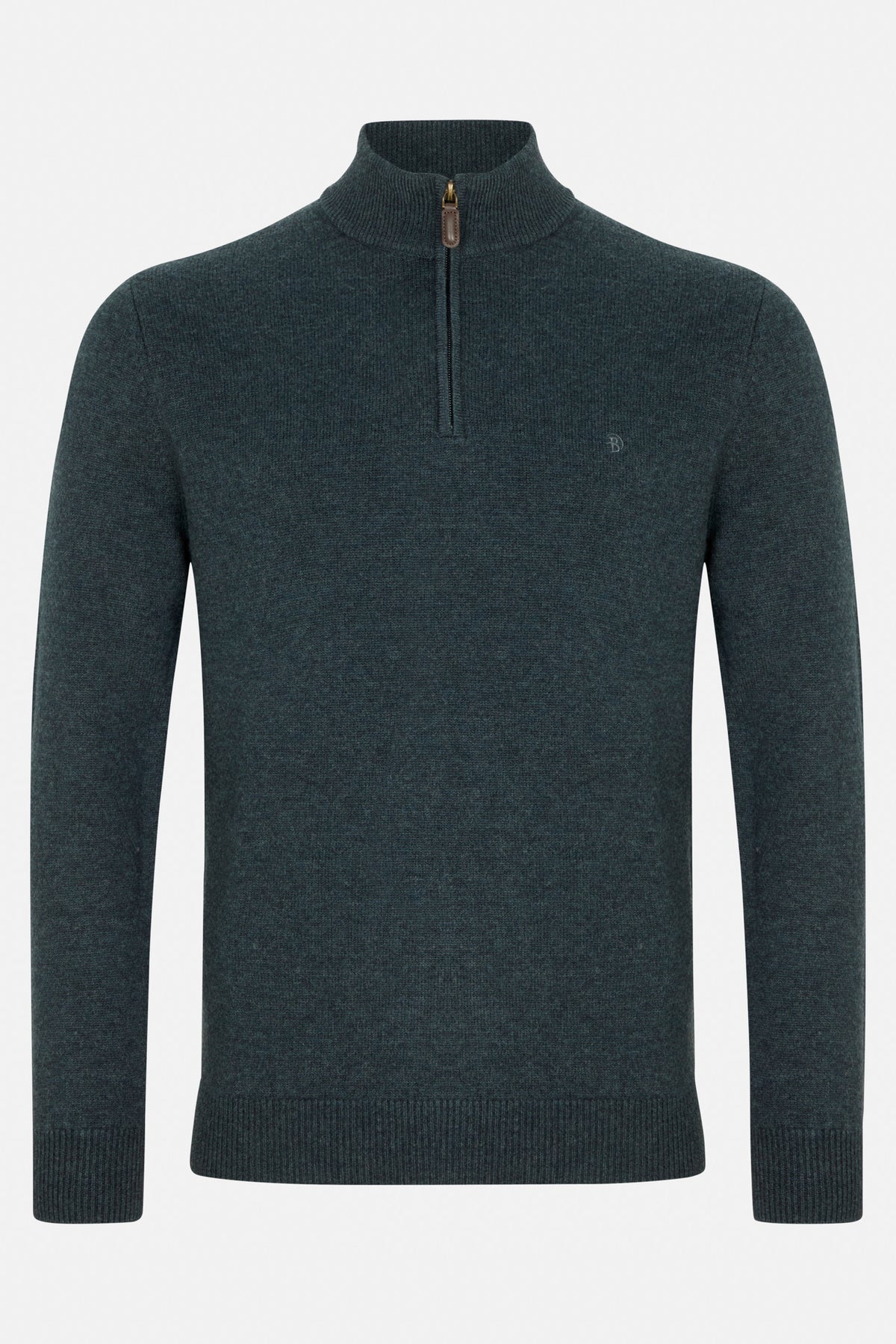 Benetti Franco Teal 1/4 Zip knit jumper, front view, with zip neck and ribbed cuffs and hem.