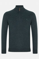 Benetti Franco Teal 1/4 Zip knit jumper, front view, with zip neck and ribbed cuffs and hem.