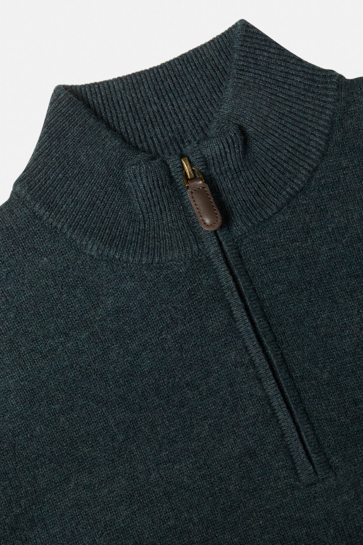 Close-up of a Benetti Franco teal 1/4 zip knit showing the ribbed collar, zipper pull and textured knit fabric.