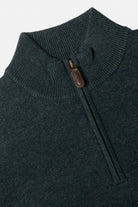 Close-up of a Benetti Franco teal 1/4 zip knit showing the ribbed collar, zipper pull and textured knit fabric.