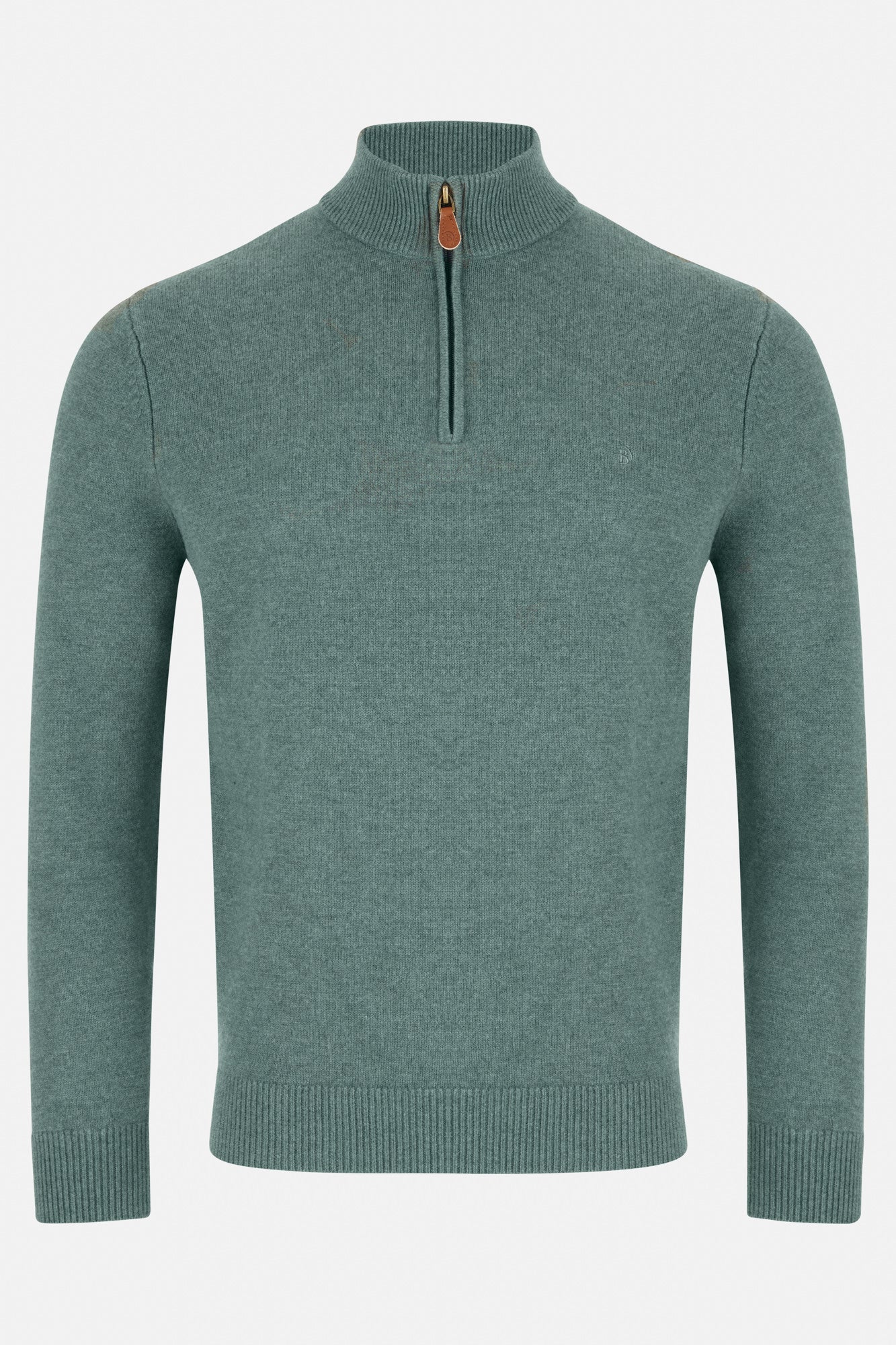 Green sweater with a quarter zip on a white background
