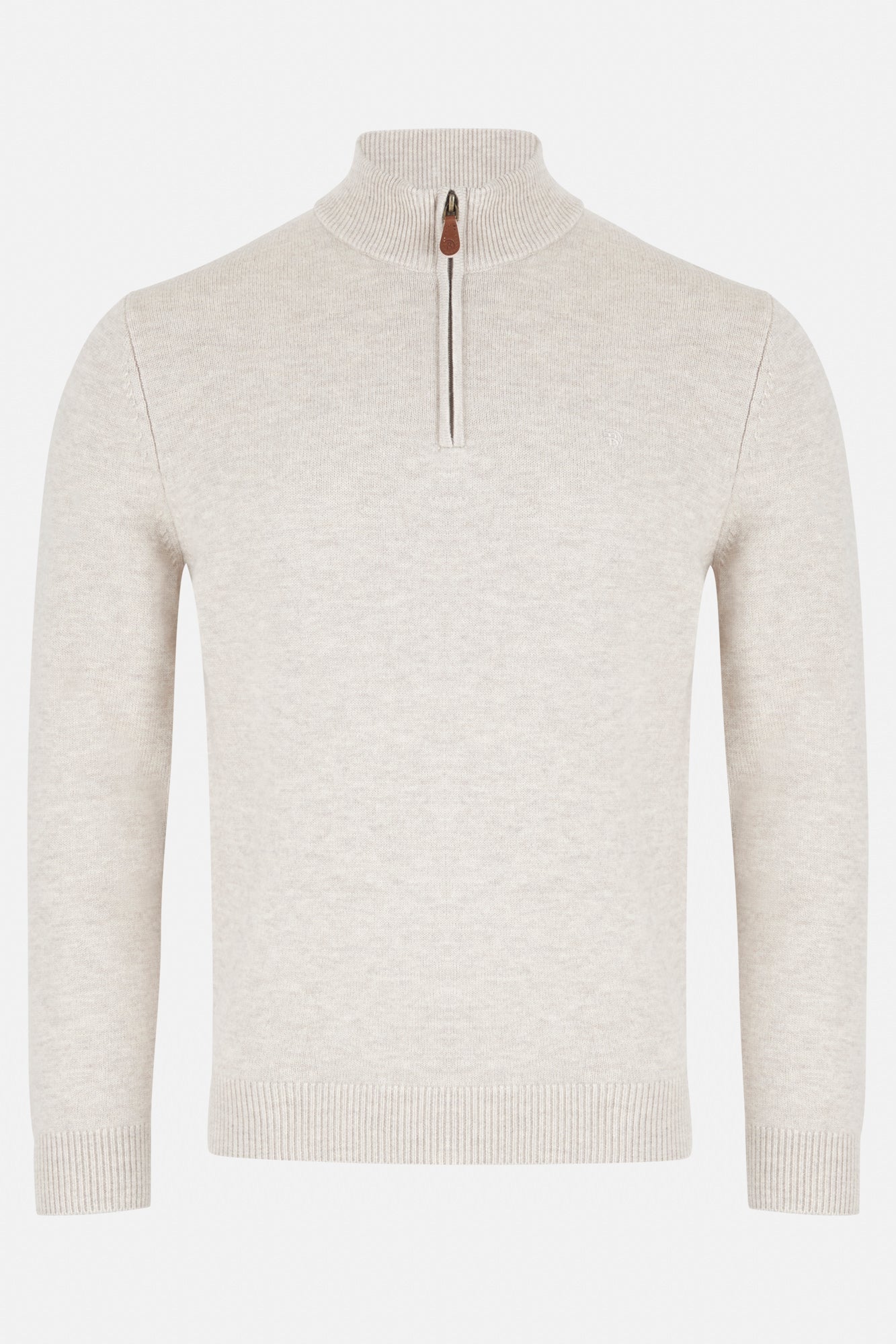 Beige sweater with a quarter zip on a white background