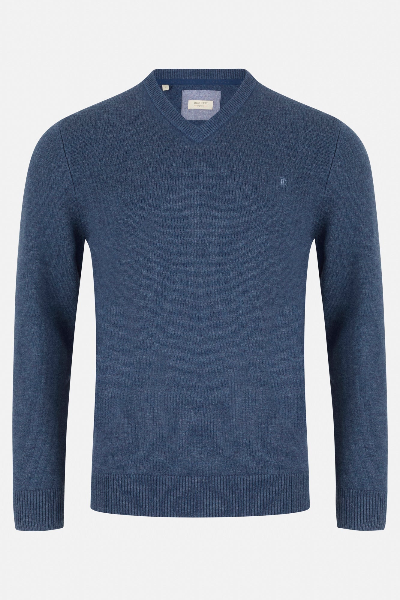 Blue v-neck sweater on a light gray background