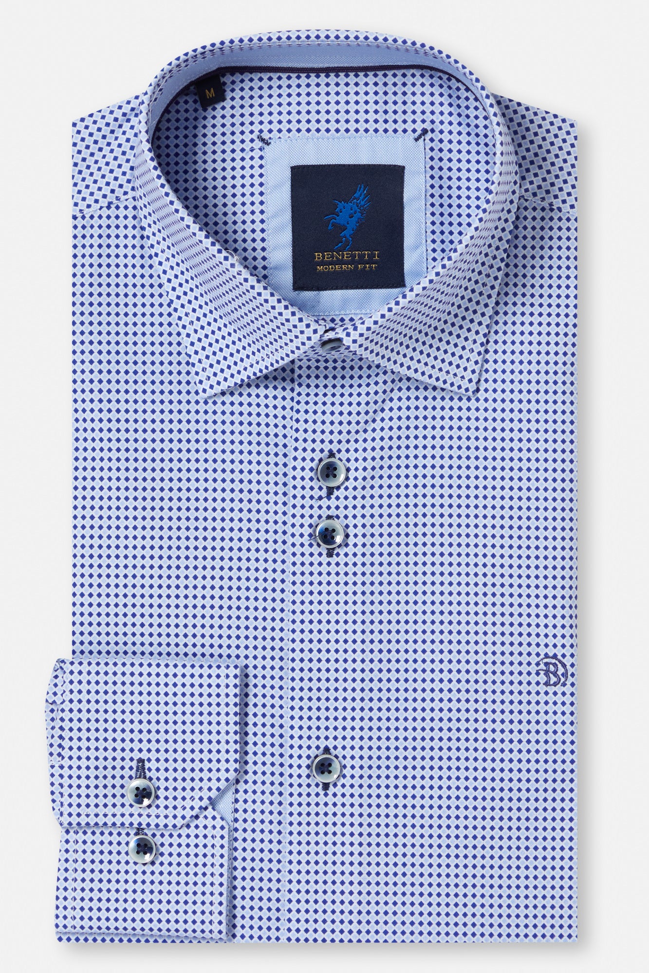 Blue checkered dress shirt with collar and button details on a white background