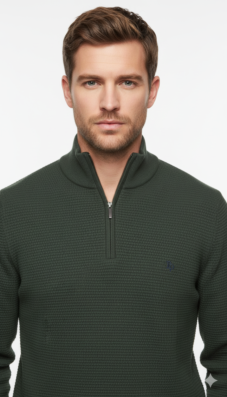 Men's Tom Penn 1/4 Zip Knit - Dark Khaki-Close Up View