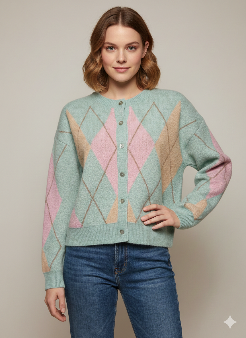 Woman wearing a light blue sweater with geometric patterns on a beige background