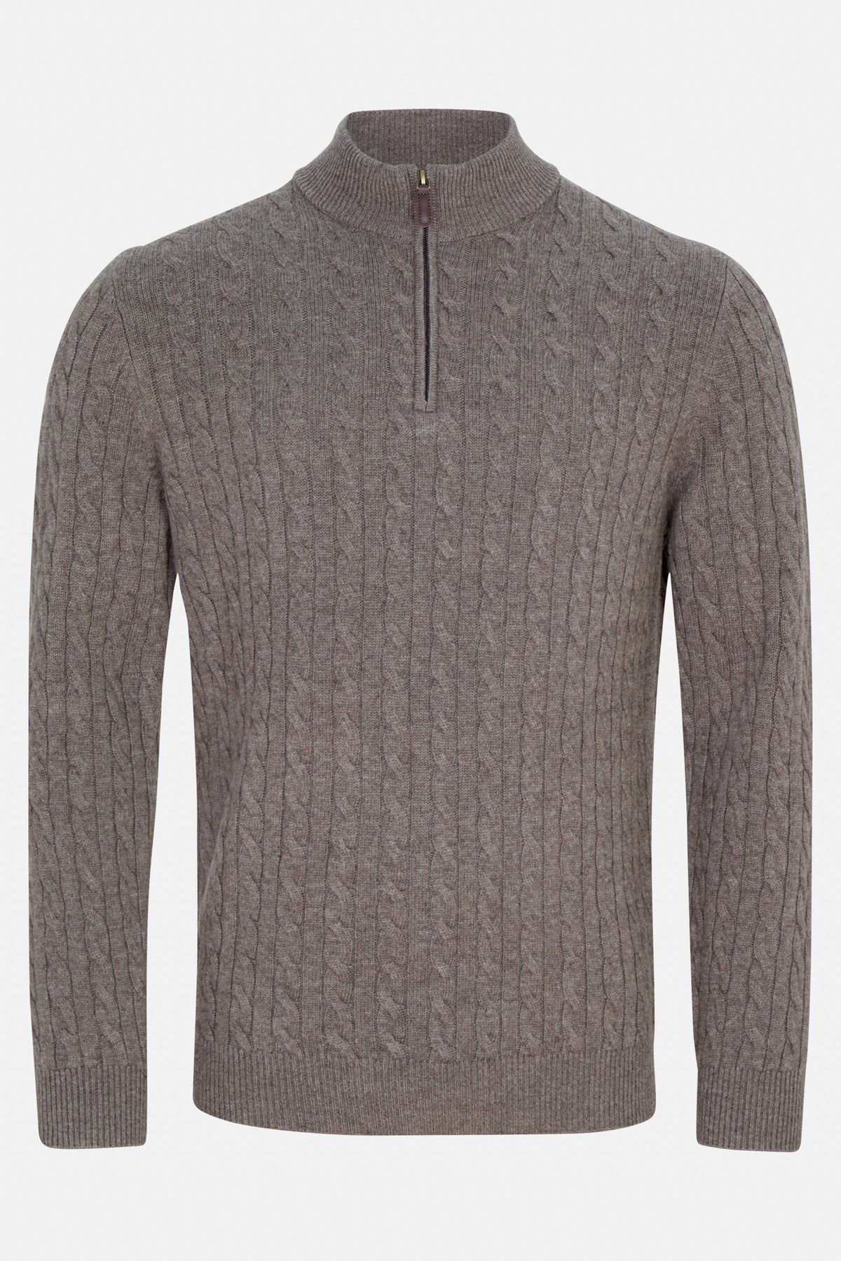 Benetti Grant Brown 1/4 Zip cable-knit sweater with quarter-zip collar, front view