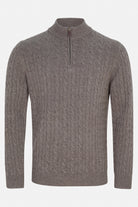 Benetti Grant Brown 1/4 Zip cable-knit sweater with quarter-zip collar, front view