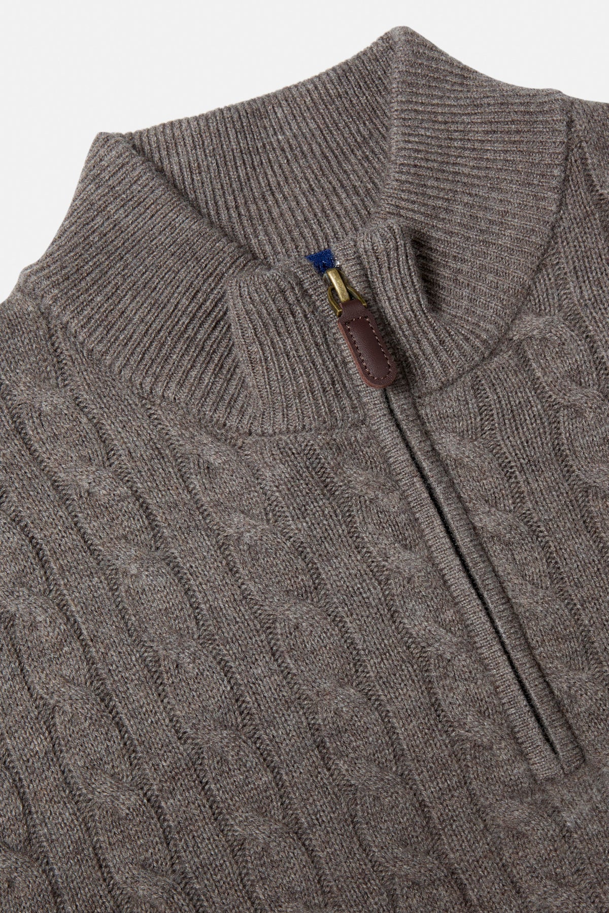 Close-up of a Benetti Grant Brown 1/4 Zip knit with cable texture, ribbed collar, and zip pull detail.