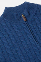 Close-up of Benetti Grant INDIGO 1/4 Zip knitwear with ribbed collar, quarter-zip and textured cable knit pattern.