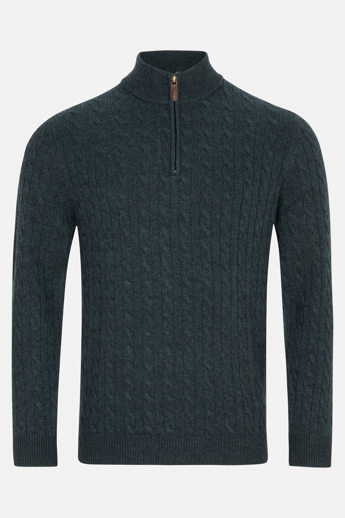 Benetti Grant teal 1/4 zip knit sweater with cable texture and zip collar, front view