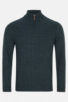 Benetti Grant teal 1/4 zip knit sweater with cable texture and zip collar, front view