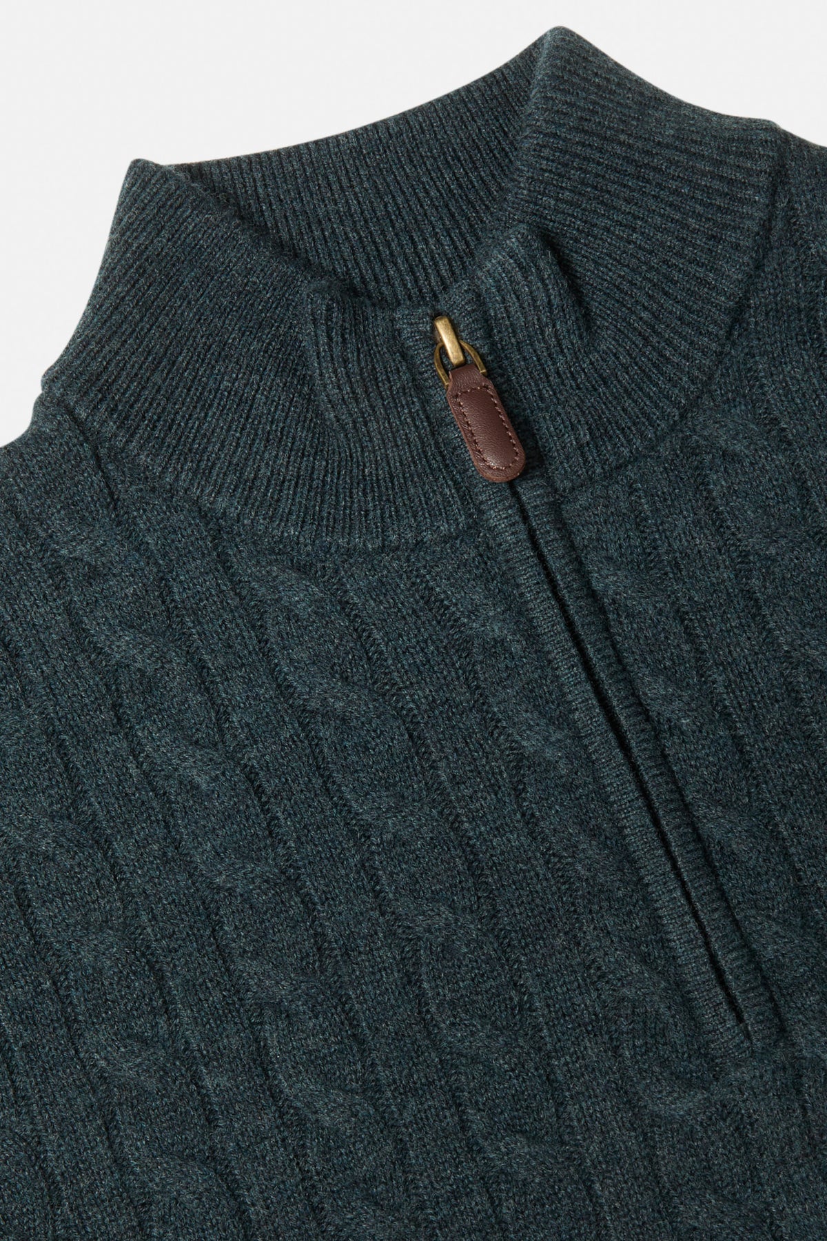 Benetti Grant teal quarter-zip knit close-up showing ribbed collar and zip pull with brown leather tab.