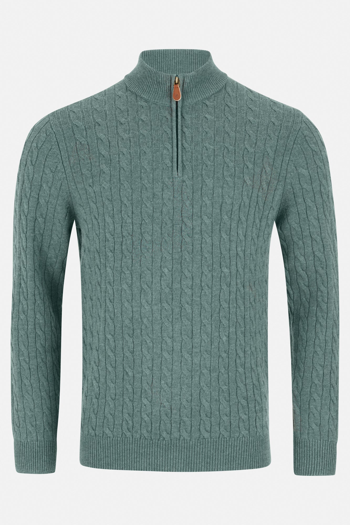 Green cable knit sweater with a zipper on a light gray background