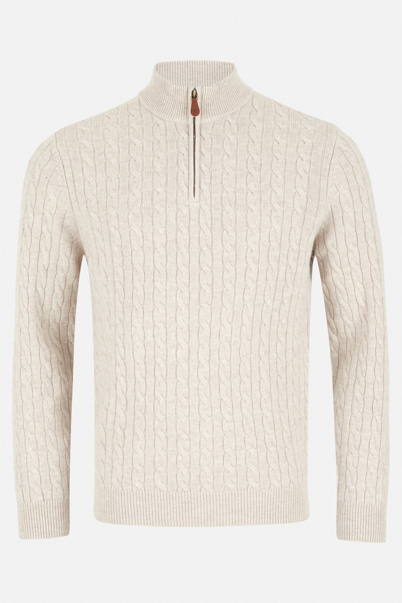 Beige cable knit sweater with a zipper on a white background