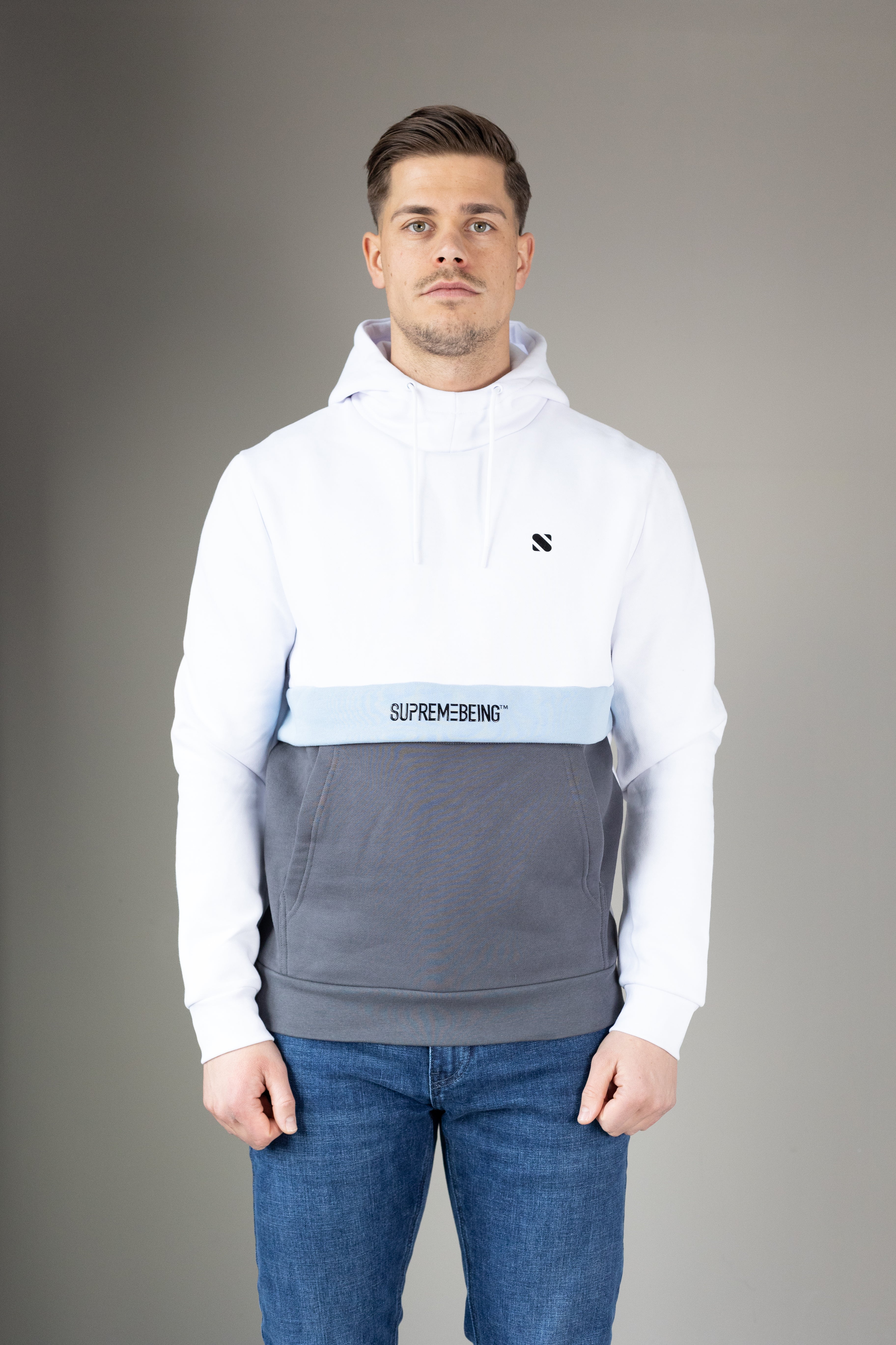 Supreme Being Viro White / Jay Blue Hoodie White/Jay Blue model front view