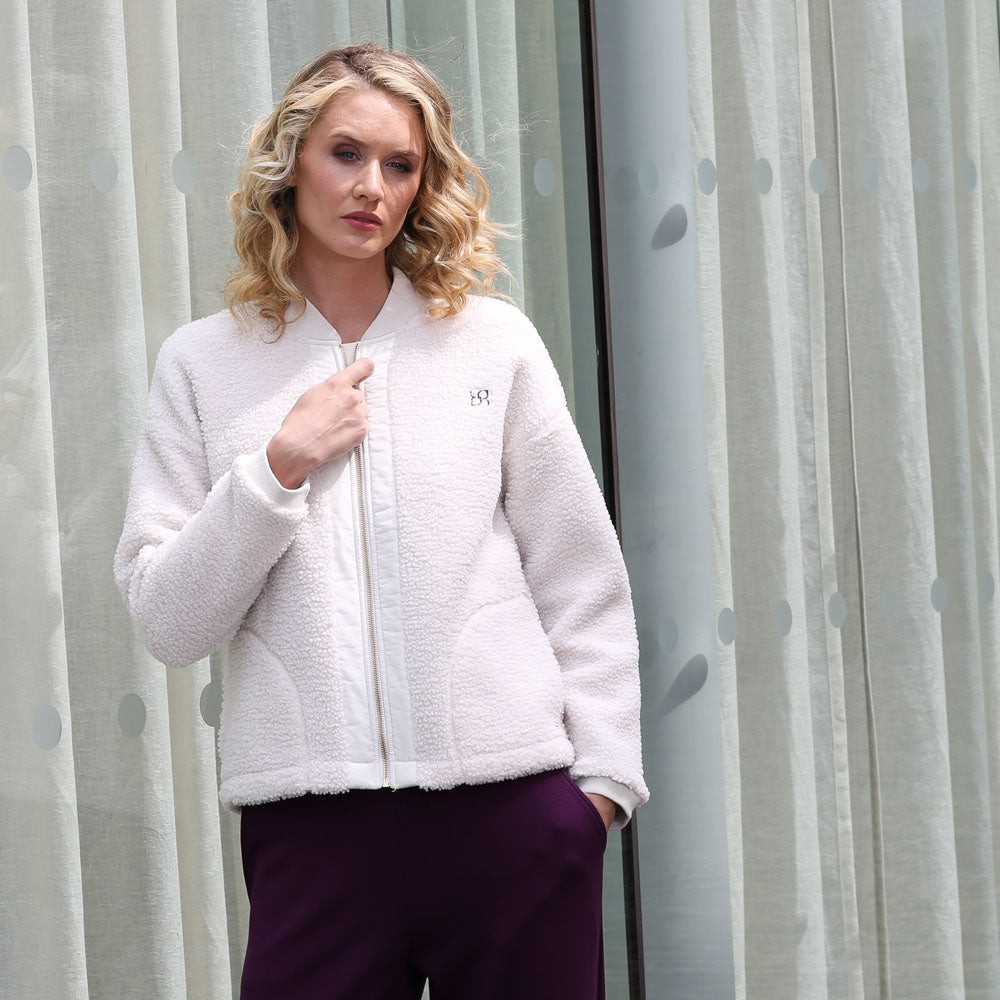 Ladies Relax & Renew Heidi Borg Bomber Jacket-Cream-Jacket Zipped Up View