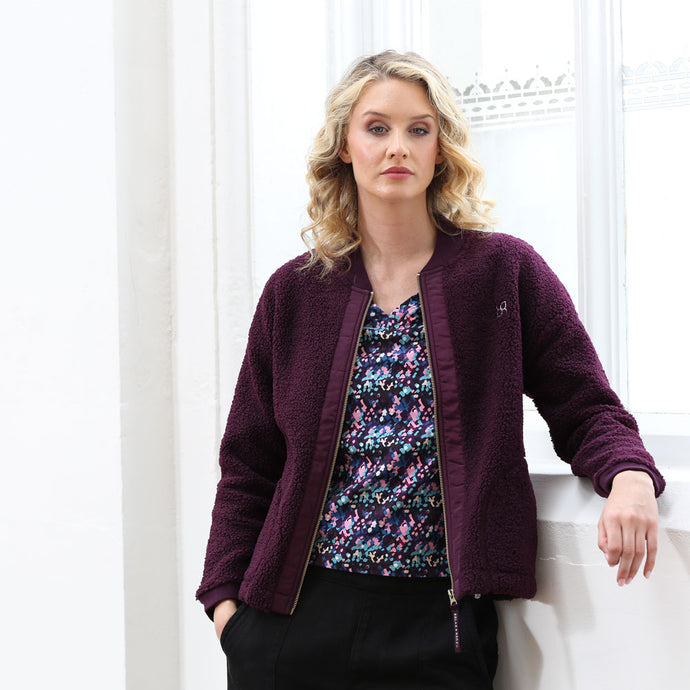 Ladies Relax & Renew Heidi Borg Bomber Jacket-Plum-Jacket Open View