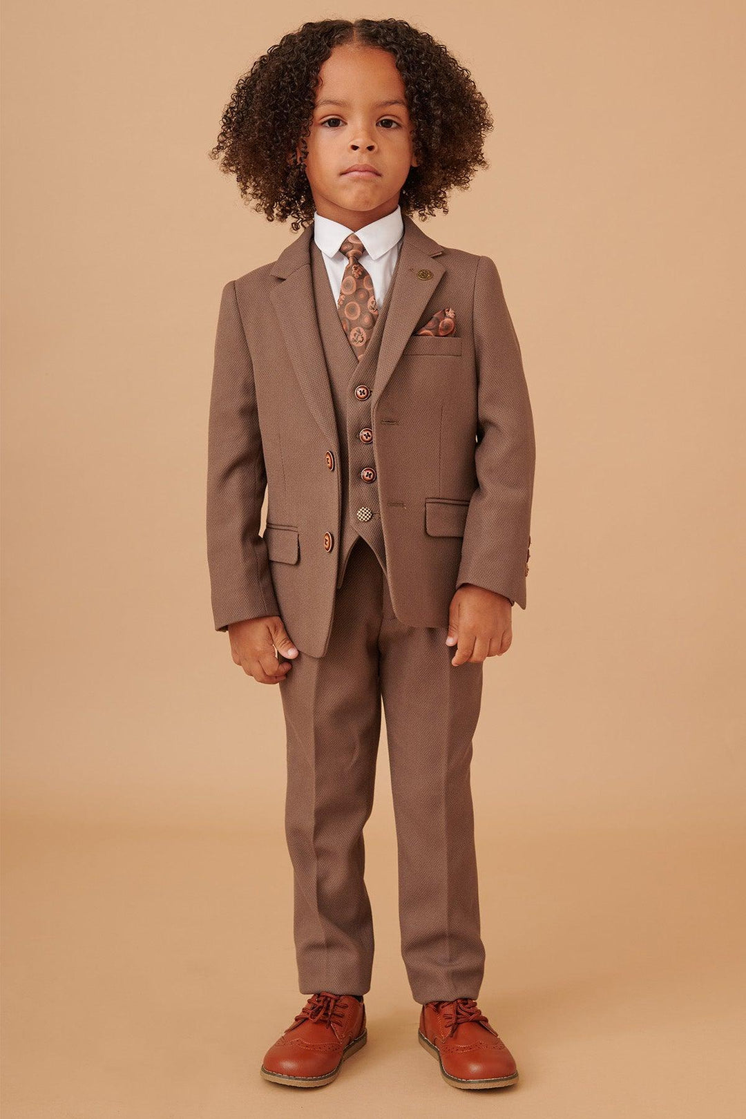 Marc Darcy Boyswear HM5 Boys Tan 3 Piece Suit TAN model front view