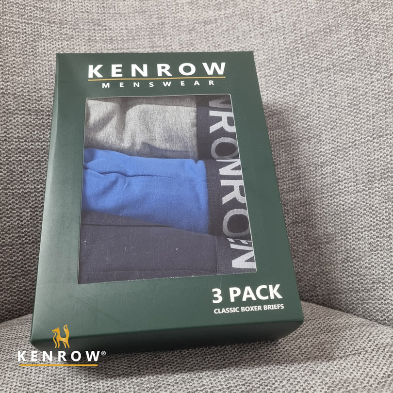 Kenrow men's underwear packaging with three pairs of boxer briefs on a textured surface