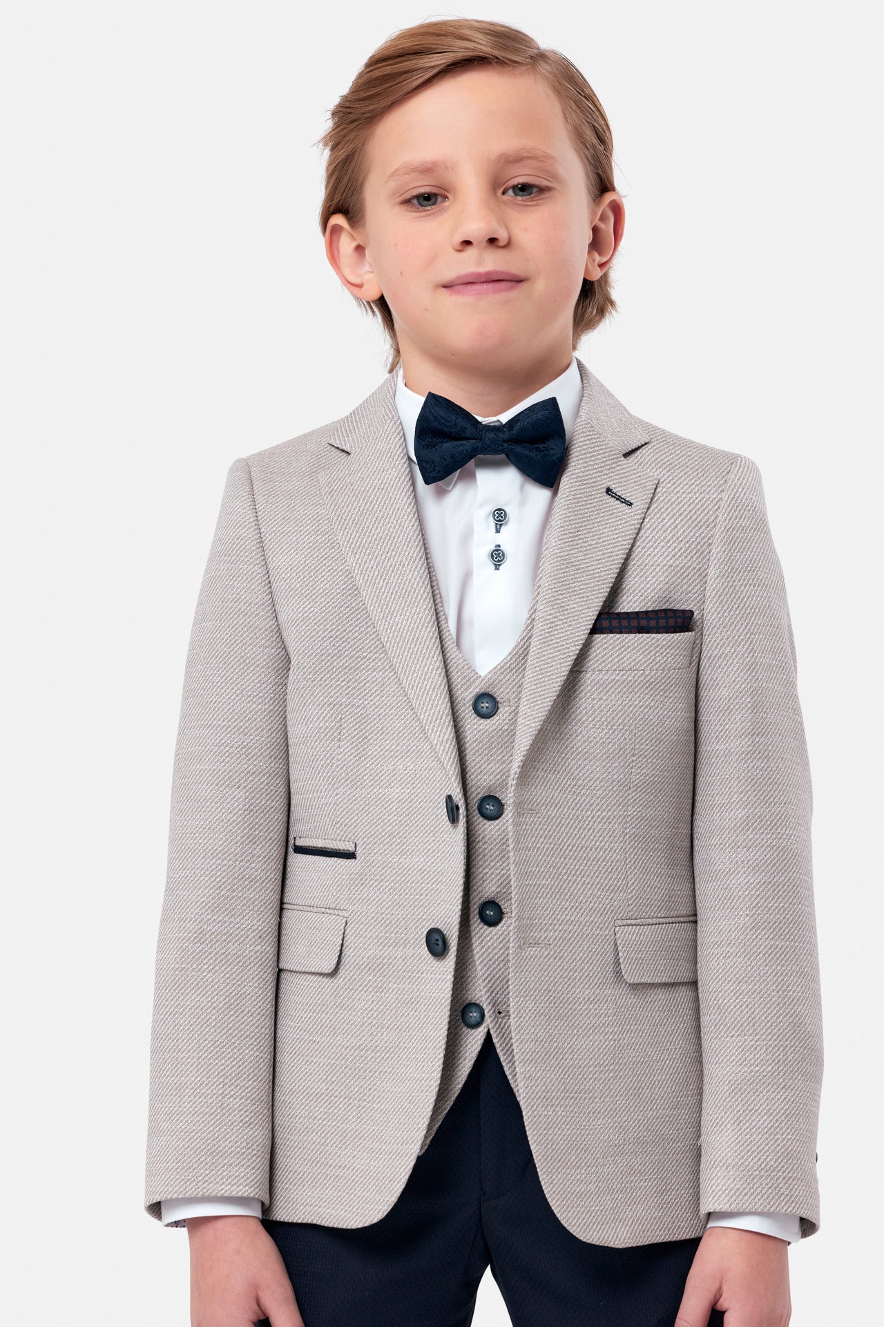 Harold Beige 3 Piece Boys Suit-Close up view

