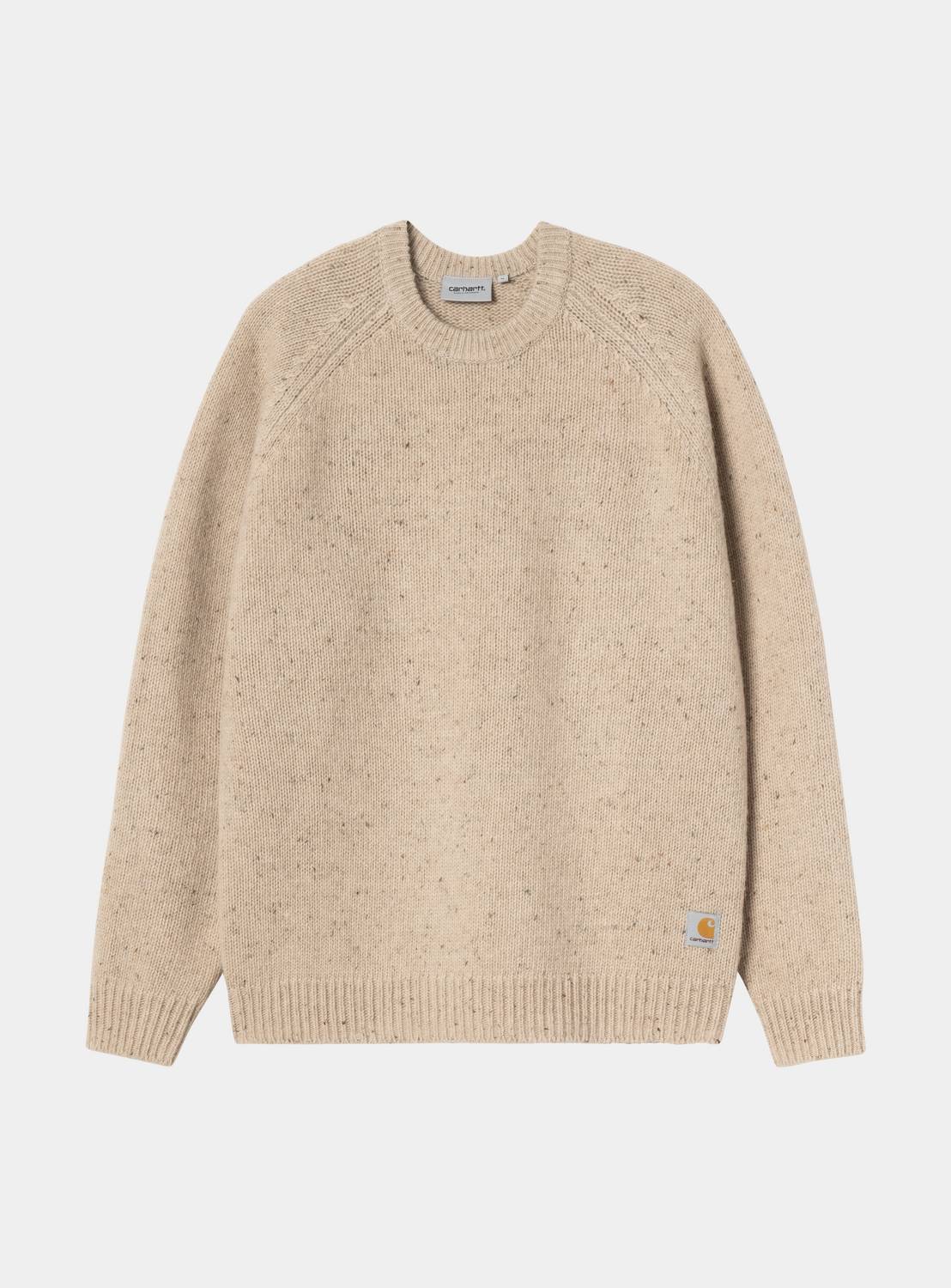Carhartt WIP Anglistic Sweater in Speckled Fleur de Sel, front view, with ribbed crew neck, raglan sleeves, and woven Square Label at the hem.
