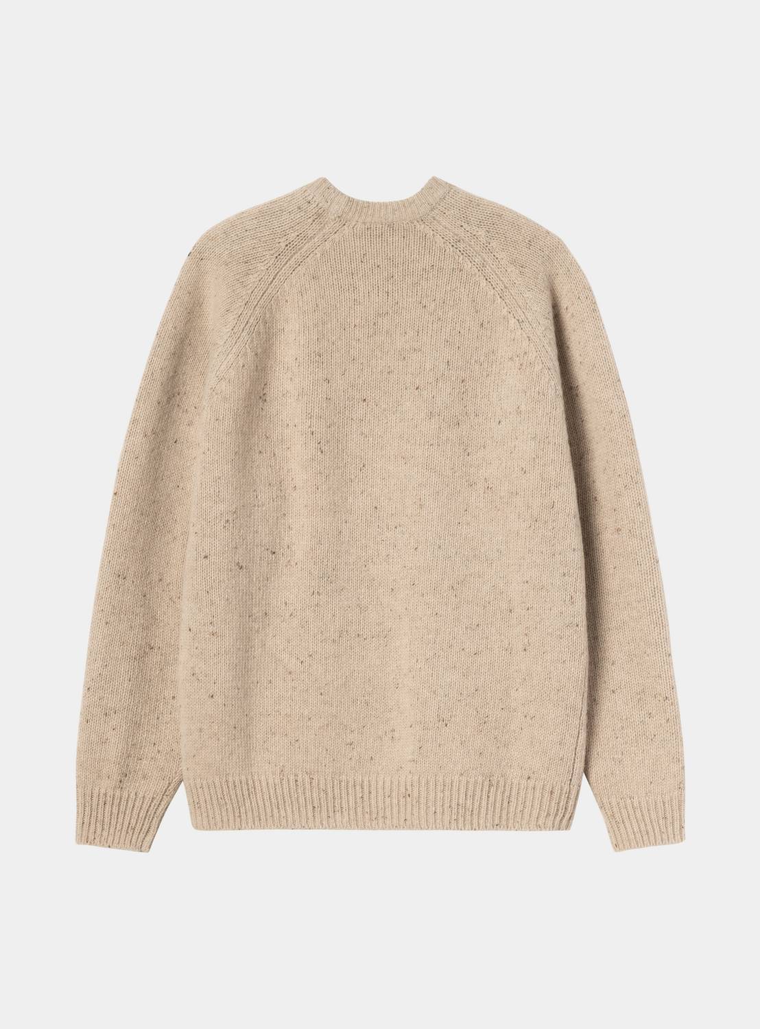 Carhartt WIP Anglistic Sweater in Speckled Fleur de Sel, front view, with raglan sleeves and ribbed cuffs and hem.