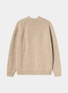 Carhartt WIP Anglistic Sweater in Speckled Fleur de Sel, front view, with raglan sleeves and ribbed cuffs and hem.