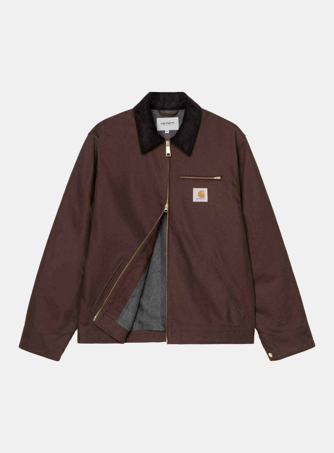 Carhartt WIP Detroit Jacket in Tobacco / Black, front view with black corduroy collar, gold-tone zip, chest pocket zip, and grey lining visible