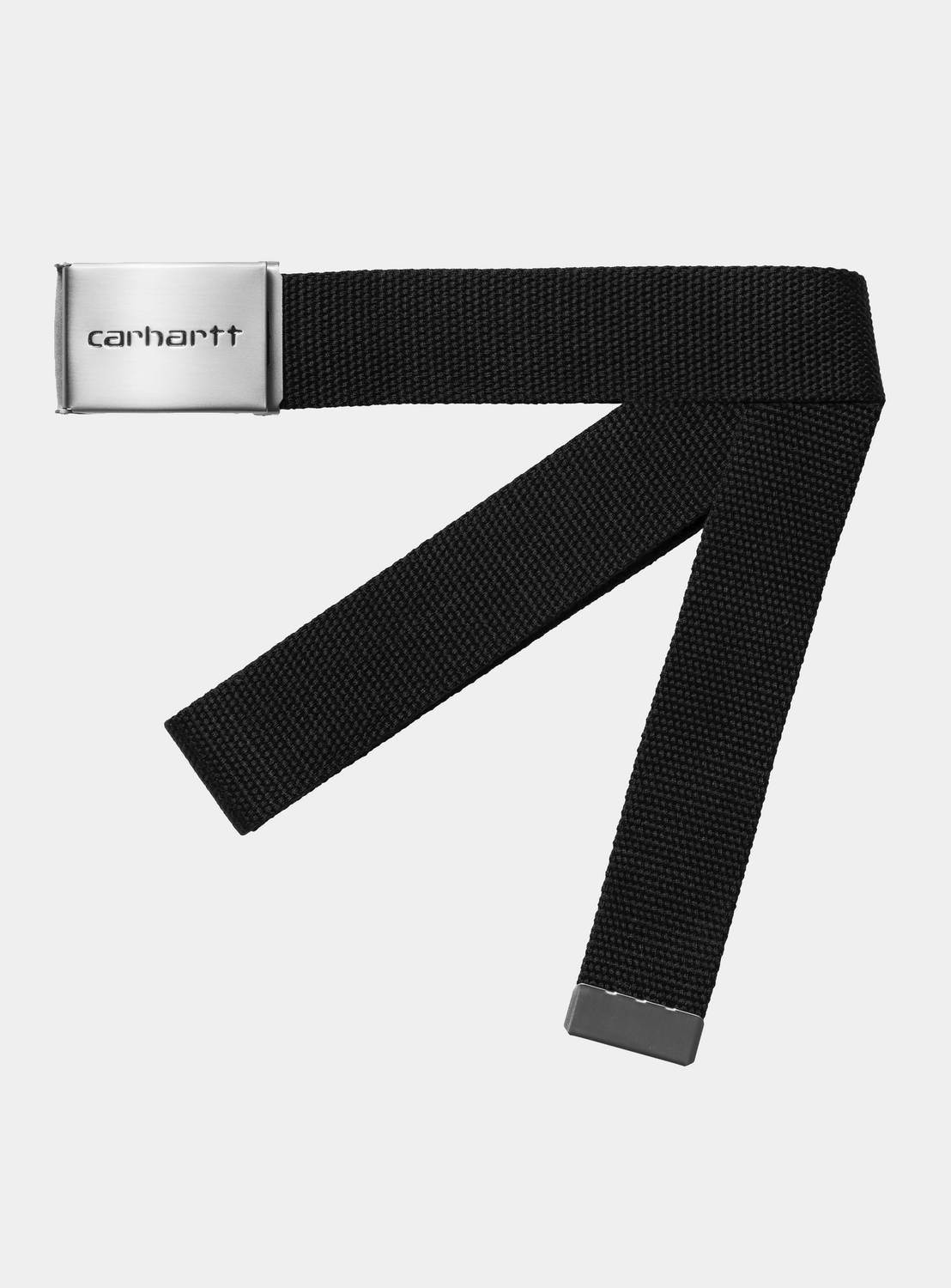Carhartt WIP Clip Belt Chrome in black, showing the adjustable woven belt with chrome buckle and debossed branding.