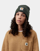 Carhartt WIP Acrylic Watch Hat in Raven, worn on head with front logo patch visible.